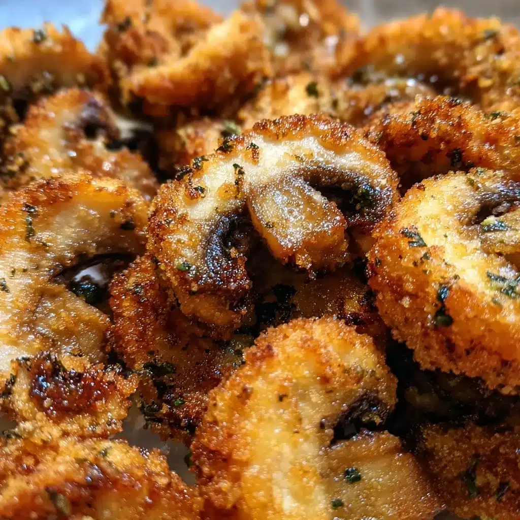 Golden fried sliced mushrooms with crispy panko coating served with creamy ranch dip in a white ramekin, garnished with fresh parsley.