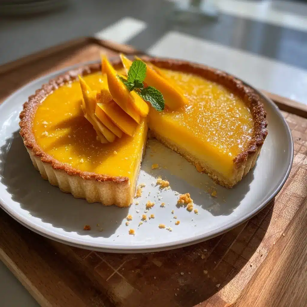 Individual mango curd tart with fresh mango and mint on top