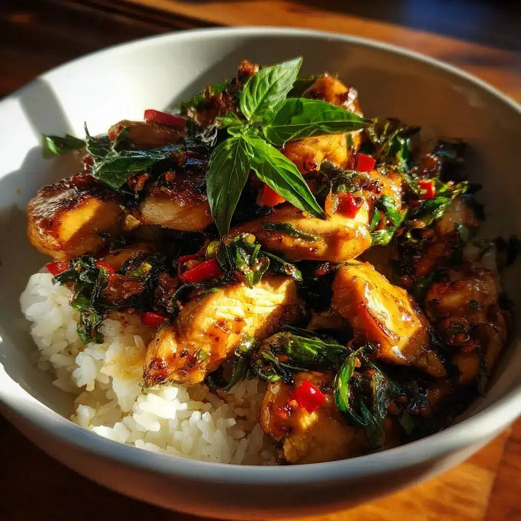 Crispy-style Thai Basil Chicken with sticky white rice tower and herb garnish