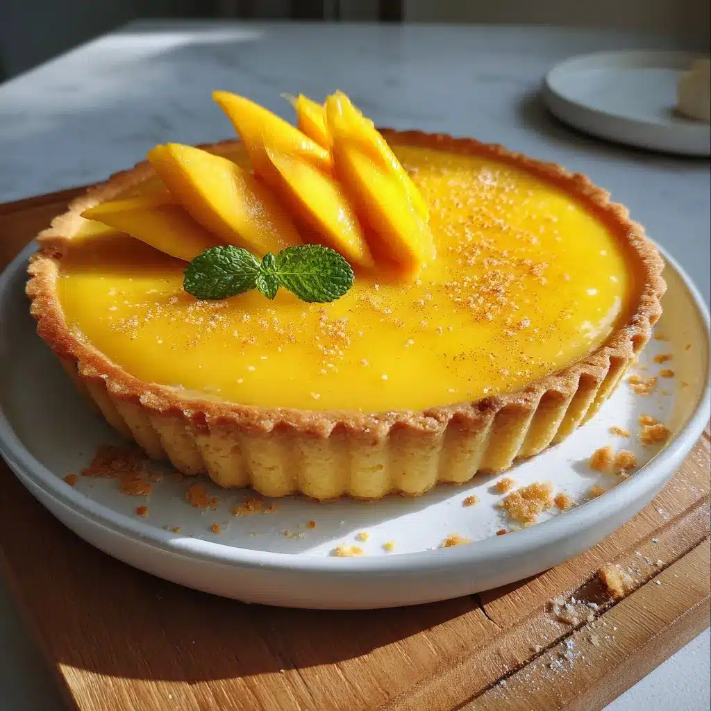 Mango curd tart on white plate with sliced mango topping and mint garnish