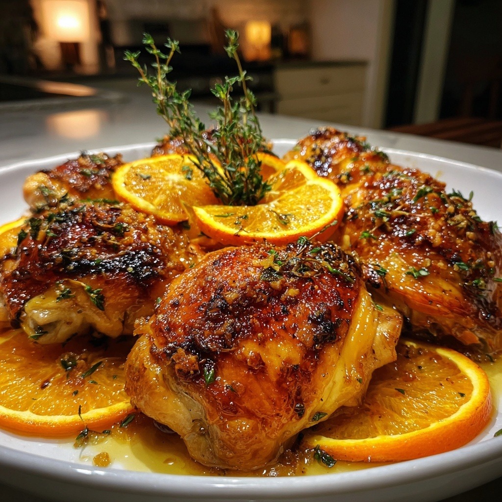 Roasted orange chicken with golden crispy skin, fresh orange slices, and thyme sprigs on a white plate, shot with iPhone 15 Pro in natural kitchen lighting.