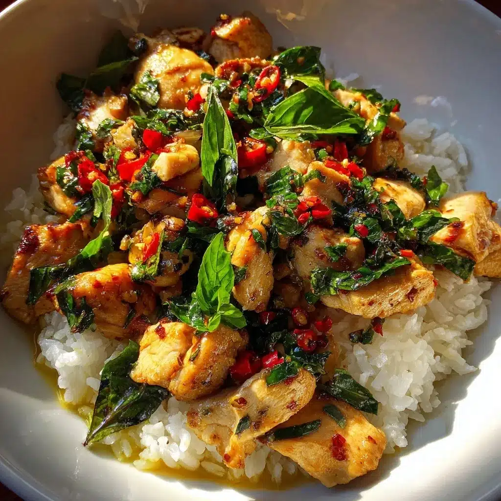 Spicy Thai Basil Chicken piled high over a round jasmine rice mold with extra chili oil