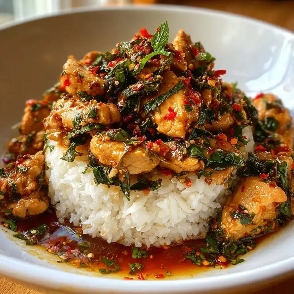 Close-up of Thai Basil Chicken served over jasmine rice with fresh basil and chopped red chilies