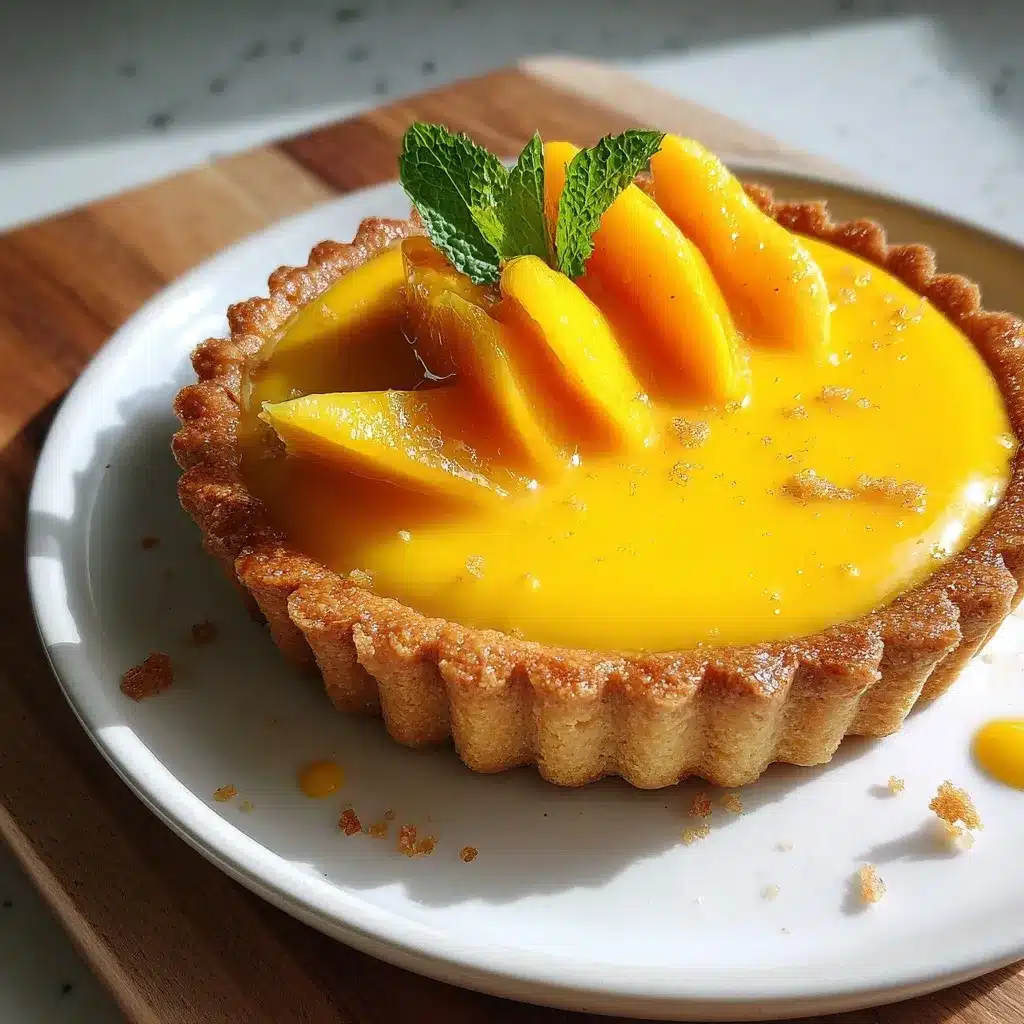 Whole mango curd tart with fresh mango slices and mint garnish