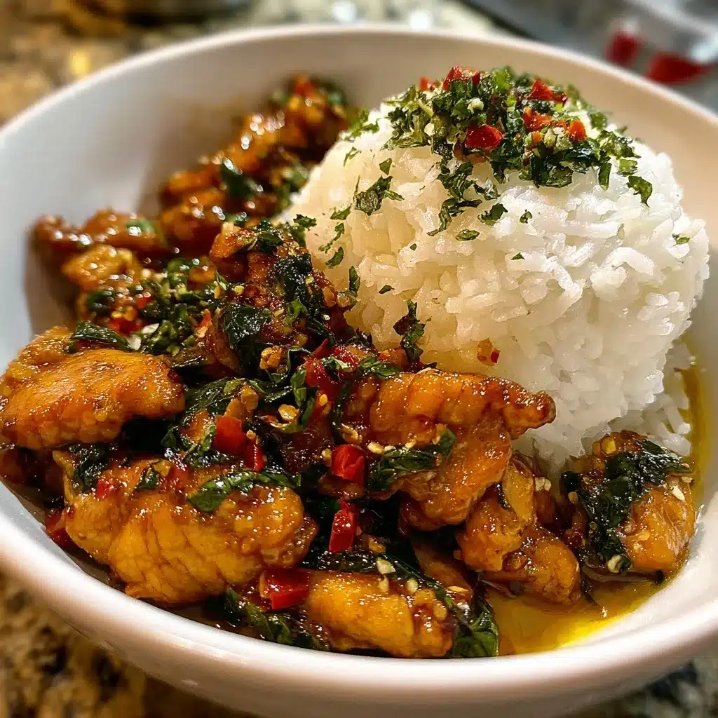 Crispy-style Thai Basil Chicken Recipe with sticky white rice tower and herb garnish