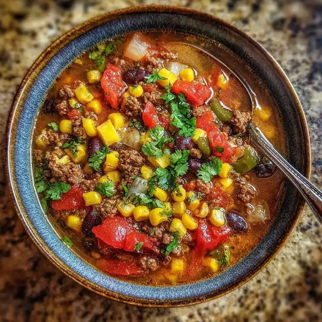 Overhead shot of cowboy soup in a cast iron pot with beef, beans, and vegetables