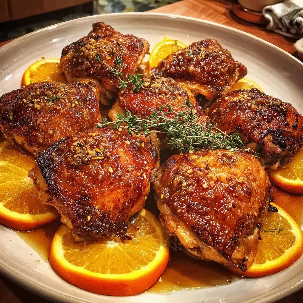 Roasted orange chicken with golden crispy skin, fresh orange slices, and thyme sprigs on a white plate, shot with iPhone 15 Pro in natural kitchen lighting.