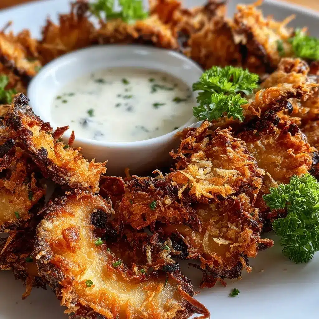 Close-up of crispy fried mushroom slices coated in golden breadcrumbs and parsley flakes.