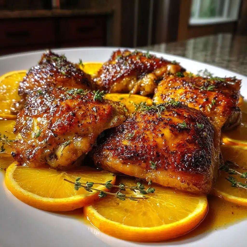 Roasted orange chicken with golden crispy skin, fresh orange slices, and thyme sprigs on a white plate, shot with iPhone 15 Pro in natural kitchen lighting.