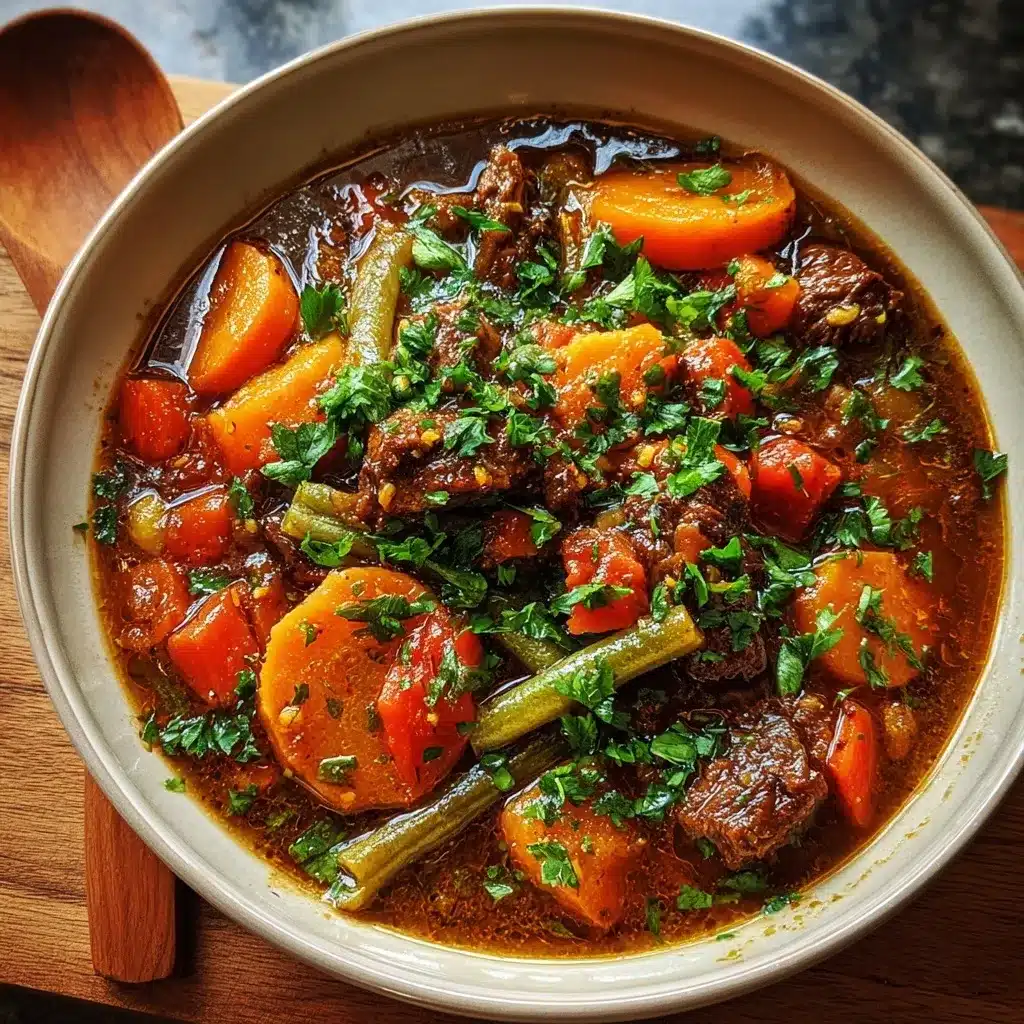 Close-up of slow-cooked vegetable beef soup with juicy beef pieces, bright carrots, green beans, and fresh herbs in flavorful broth.