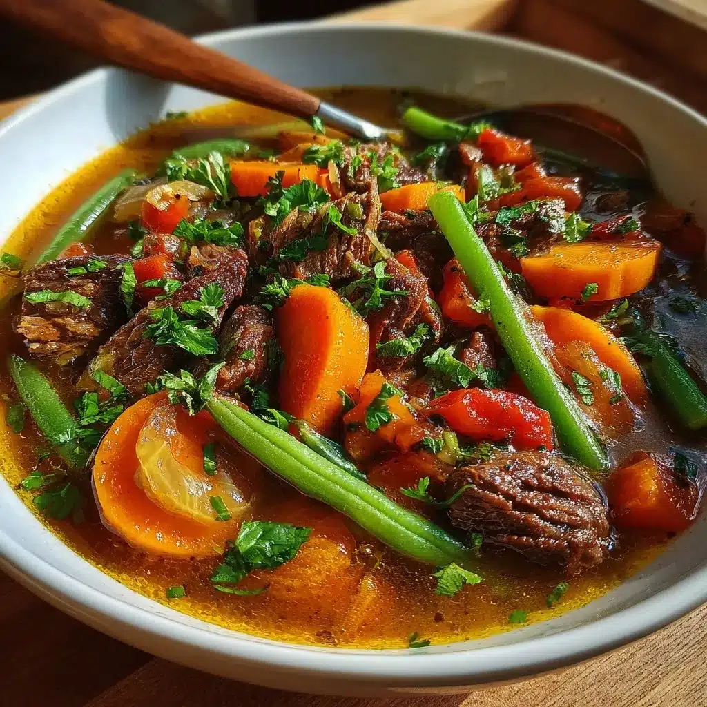 Bowl of herb-infused vegetable beef soup with tender beef chunks, carrots, green beans, and fresh parsley garnish in rich broth.