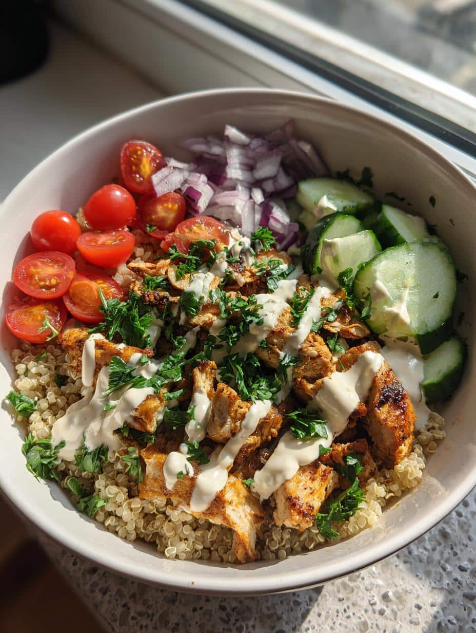 high protein chicken shawarma bowl - detail 1