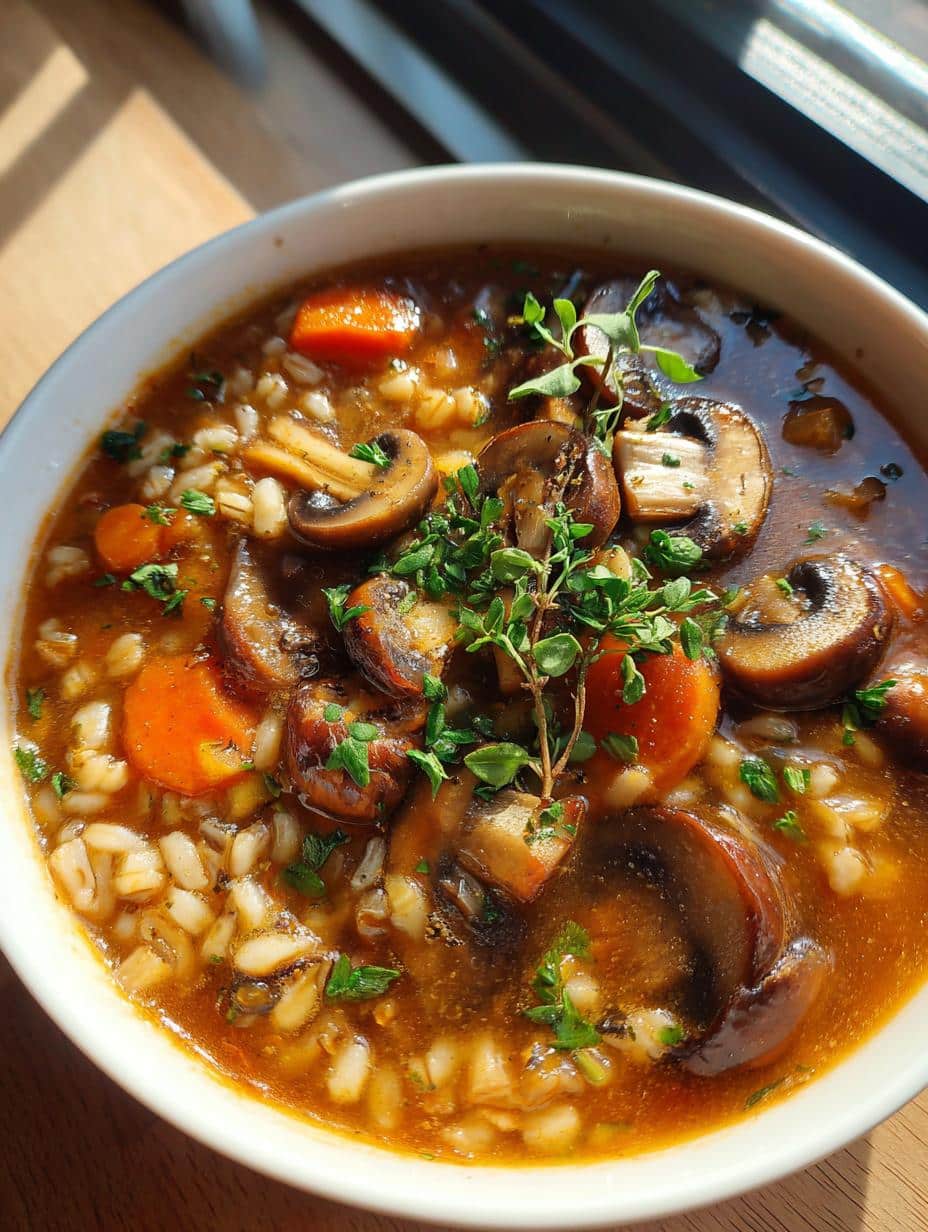mushroom barley soup vegan - detail 2