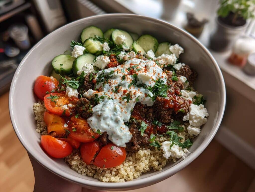 Greek Ground Beef Bowl with Tzatziki
