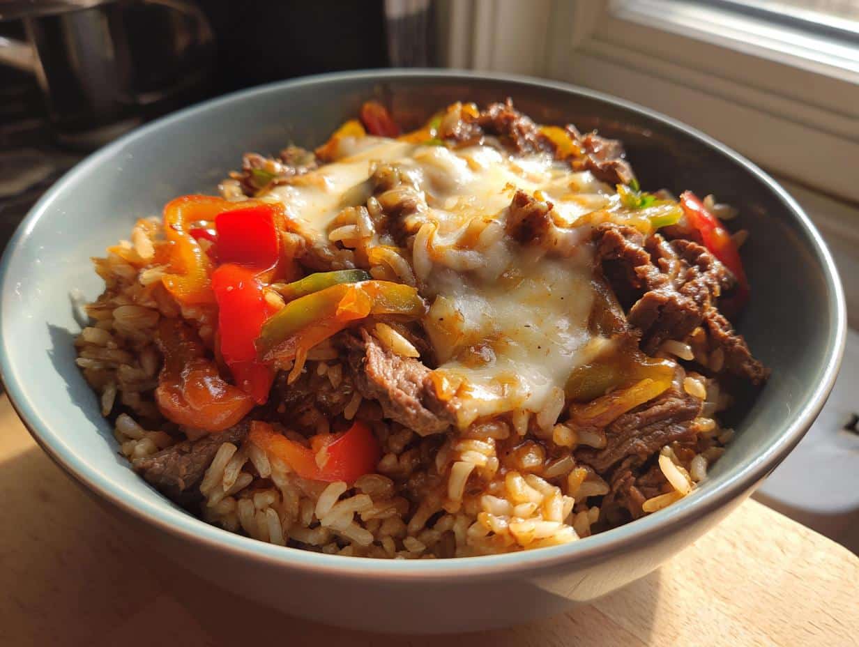 High Protein Philly Cheesesteak Rice Bowls